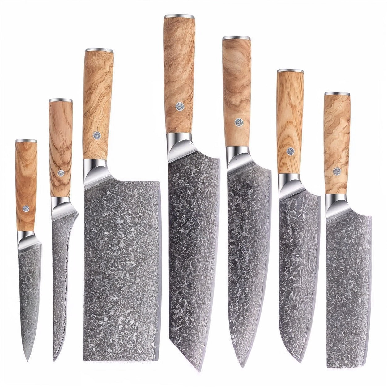 Coffret 7 couteaux damas, manches en bois d'olivier