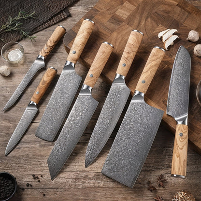 Coffret 7 couteaux damas, manches en bois d'olivier