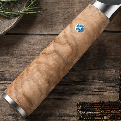 Coffret 7 couteaux damas, manches en bois d'olivier
