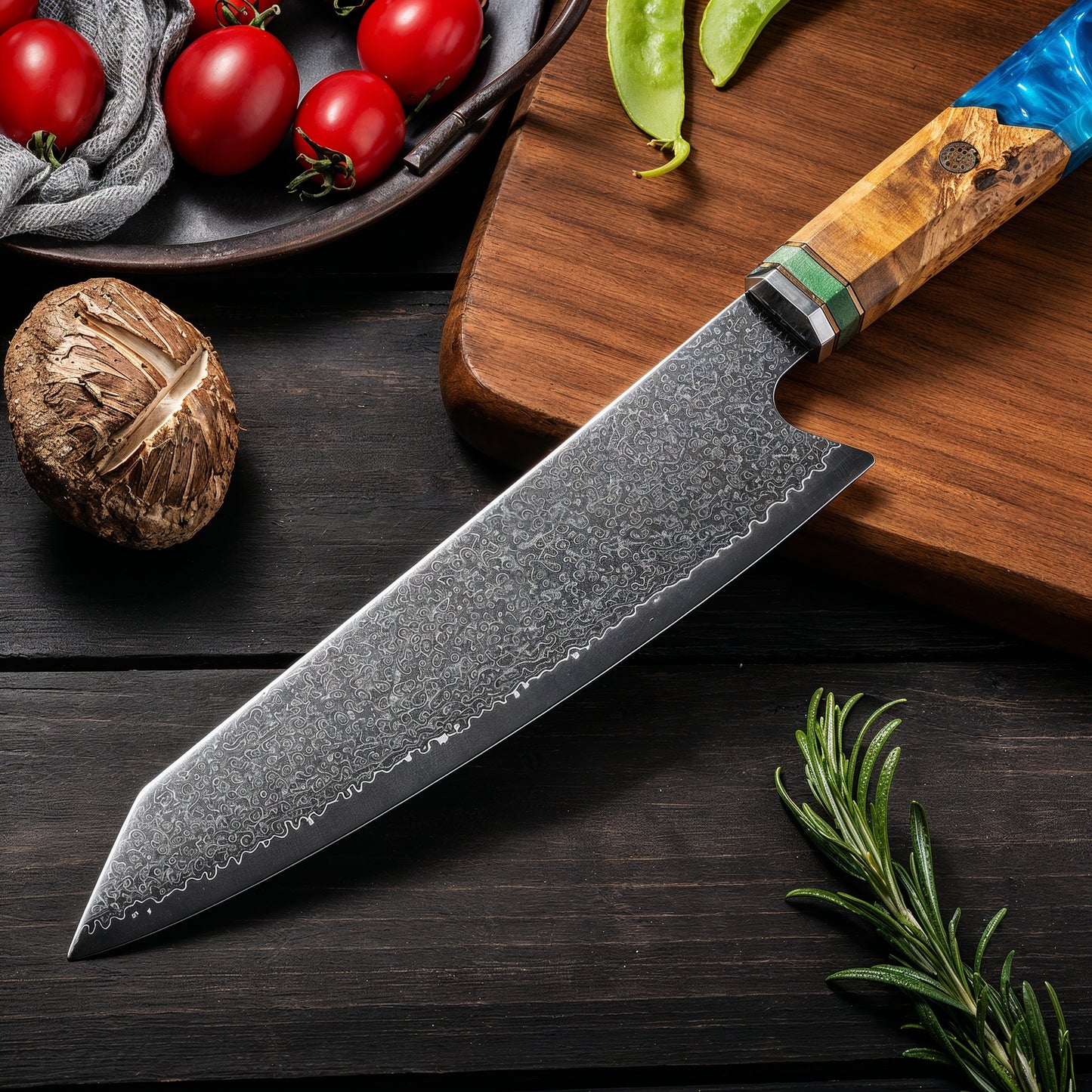 Couteau Kiritsuke - Manche en Résine & Bois d'Érable Bleu