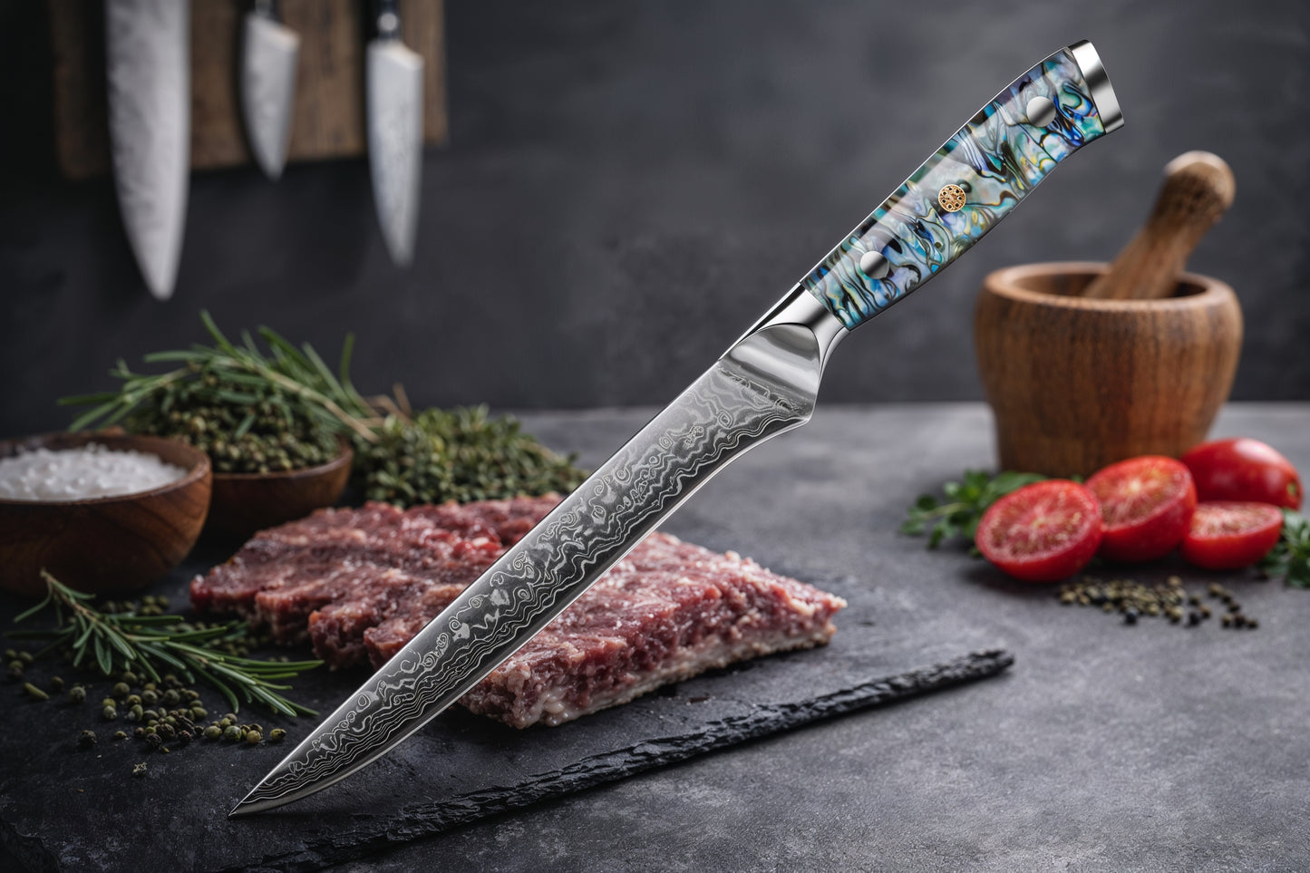 Couteau japonais damas manche en coquille d’ormeau